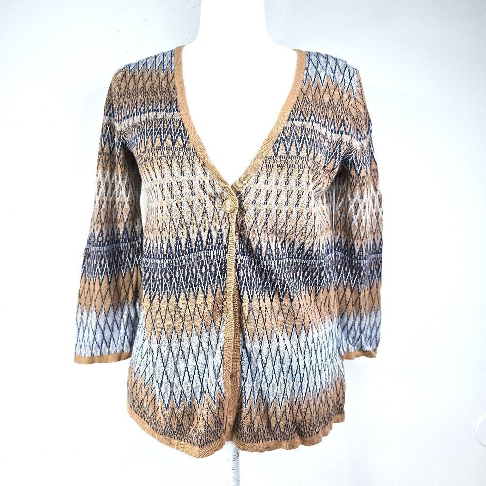 Pendleton NWOT Tan Brown Navy One Button Linen Blend 3/4 Sleeve Cardigan Sweater